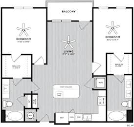 A floor plan of a home with two bedrooms, a living room, a chef's island, and a walk-in closet.
