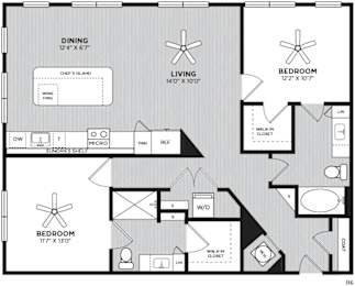 A black and white floor plan of a house with a dining area, living room, and two bedrooms.