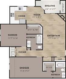 A floor plan of a house with labeled rooms such as "BREATHE", "COOK", "NOOK", "SNOOZE", "REFRESH", "ENTERTAIN", and "CLEAN".
