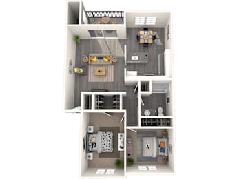 A 3D floor plan of a small apartment with a kitchen, living room, and two bedrooms.