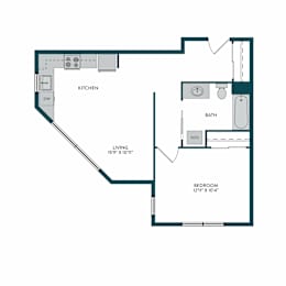 A floor plan of a living space showing a kitchen, bathroom and bedroom.