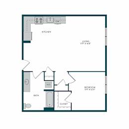 A floor plan of a small apartment with a kitchen, bathroom, and bedroom.