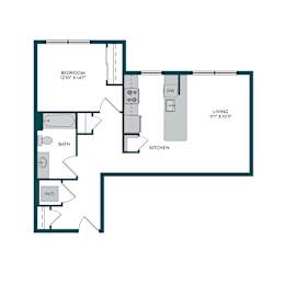 A floor plan of a small apartment with a bedroom, bathroom, living room, and kitchen.