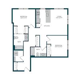 A floor plan of a house with three bedrooms, a living area, a kitchen, and two bathrooms.