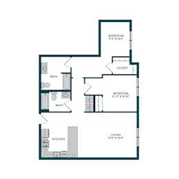 A floor plan of a home with a living room, kitchen, two bathrooms, and two bedrooms.