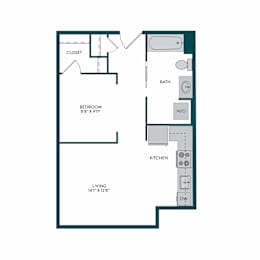 A floor plan of a small apartment with a bedroom, bathroom, kitchen, and living room.