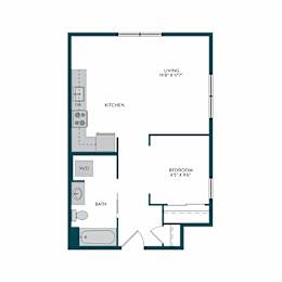 A floor plan of a small apartment with a living room, kitchen, bathroom, and bedroom.