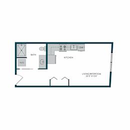 A floor plan of a small apartment with a kitchen, bathroom, and living/bedroom area.