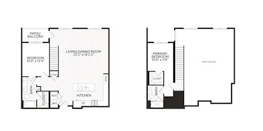 A floor plan of a two-story house with a living area, two bedrooms, a kitchen, and a bathroom.