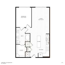 A floor plan of a Aura Bella showing a bedroom, bathroom, kitchen, living room, and closet.