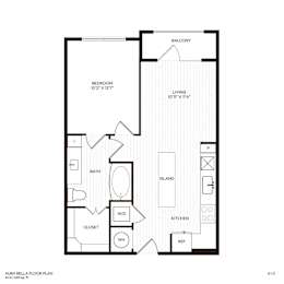 A floor plan of a small apartment with a bedroom, living room, kitchen, and bathroom.