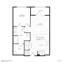 A floor plan of a balcony apartment with a living room, kitchen, bathroom, bedroom and closet.