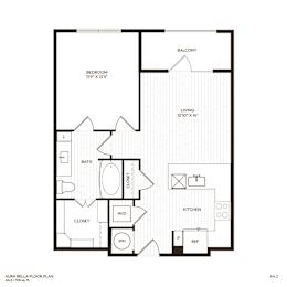 A floor plan of a balcony apartment with a living room, bedroom, bathroom, kitchen, closet, and laundry room.