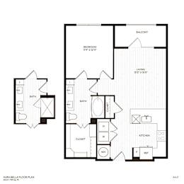 A floor plan of a two-bedroom apartment with a balcony.