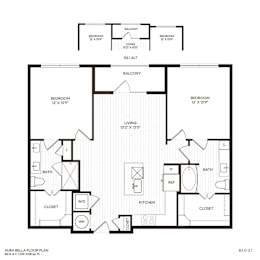 A floor plan of a two-bedroom, two-bathroom apartment.