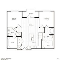 A black and white image of a floor plan for a two bedroom, two bathroom apartment.