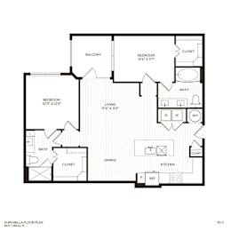 A floor plan of a two bedroom apartment with a balcony.