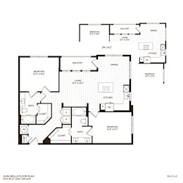 A floor plan of a residential area with labeled rooms such as Bedroom, Bath, Kitchen, Living room, Dining room, and Balcony.
