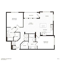 A floor plan of a home with a living room, dining room, kitchen, and three bedrooms.