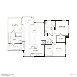 A black and white image of a floor plan for a Aura Bella apartment.