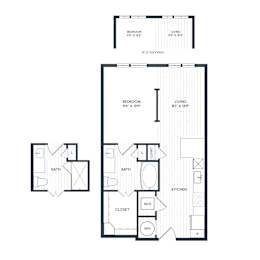 A floor plan of A1 and A1.2 layout with a bedroom, bathroom, living room, kitchen, and closet with alternate larger bedroom and living room on A1.2