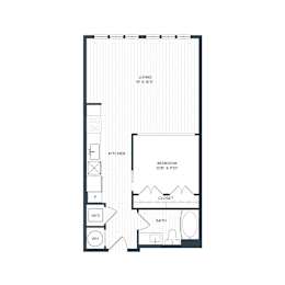 A drawing of a floor plan for A2's layout with bedroom, living area, and bathroom