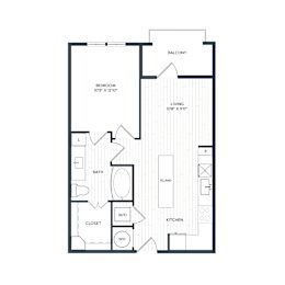 A black and white floor plan of A3 with a bedroom, bathroom, living area, and a balcony.