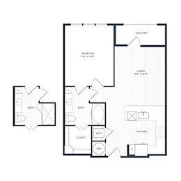 A black and white floor plan of A4's layout with a balcony, two bathrooms, a living room, a kitchen, a closet, and a walk-in closet.
