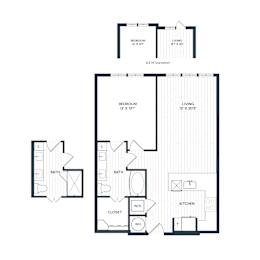 A floor plan of A4.5-4.19 with a living room, two bedrooms, a bathroom, a kitchen, a closet, and a laundry closet. A4.14 has a differing living room that is slightly smaller in square footage
