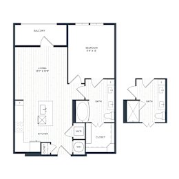 A black and white floor plan of A5's layout with a bedroom, bathroom, living room, and balcony.
