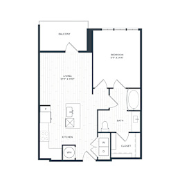 A black and white image of a floor plan for A5.11 with a living room, bedroom, bathroom, and balcony
