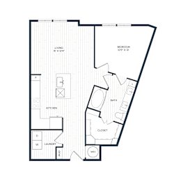 A floor plan of a house with a living room, bedroom, closet, bathroom, kitchen, and laundry closet