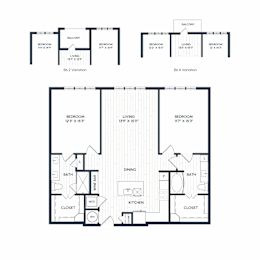 A black and white image of two floor plans for a house with two bedrooms and two bathrooms.