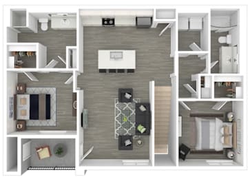 A top-down view of a small apartment layout with a kitchen, living room, and bedroom.