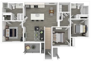 A 3D floor plan of a house with a kitchen, living room, and bathroom.