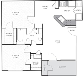 A floor plan of a home with two bedrooms, a living area, a kitchen, a bathroom, a walk-in closet, a storage area, and a balcony.