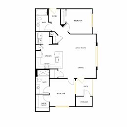 A floor plan of a house with a living room, dining room, kitchen, two bedrooms, a bathroom, a deck, a storage area, and a large closet.