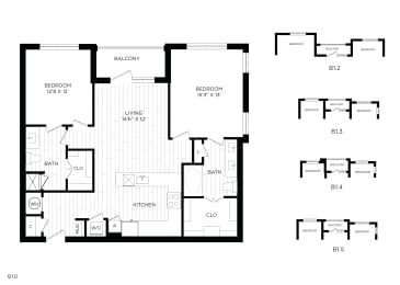 Aura 3Twenty Apartments B1.1-5 Floor Plan with varying bedroom and balcony layouts