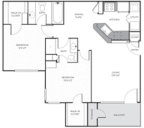 A black and white image of a floor plan for a home with three bedrooms, a living room, a dining room, a kitchen, a walk-in closet, a balcony, and storage.
