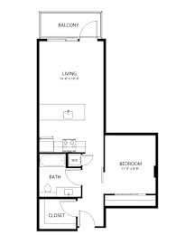 A black and white image of a floor plan for a one bedroom apartment.