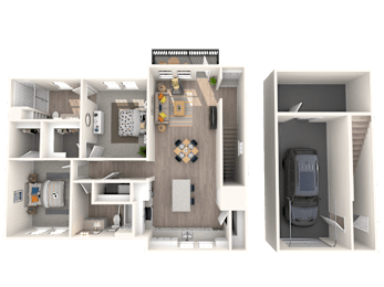 A 3D floor plan of a house showing a kitchen, living room, and bedrooms.