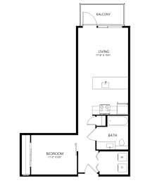 A black and white image of a floor plan for a one bedroom apartment.