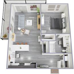 A top-down view of a modern apartment with a living room, kitchen, and bedroom.