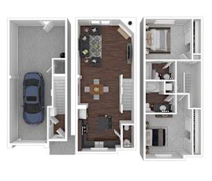 A 3D floor plan of a house showing the layout of the rooms.