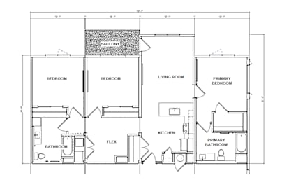 A floor plan of a house with a balcony, two bathrooms, two bedrooms, a living room, a kitchen, and a flex space.