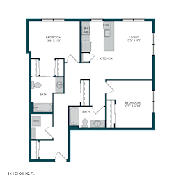 A floor plan of a 2x2 condo showing three bedrooms and a living area.