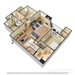 Villas at Meadow Springs 3x2 B 3D Floor Plan