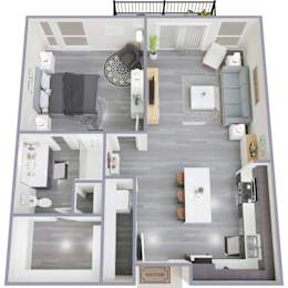 A top-down view of a modern apartment layout with a living room, kitchen, and bathroom.