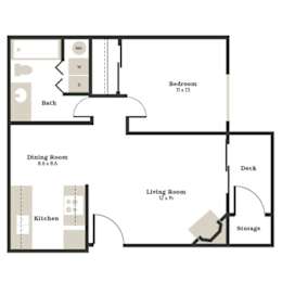 A floor plan of a small apartment with a kitchen, dining room, living room, bedroom, and storage.