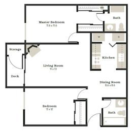 A floor plan of a house showing a living room, kitchen, dining room, two bedrooms, a master bedroom, a deck, and storage.